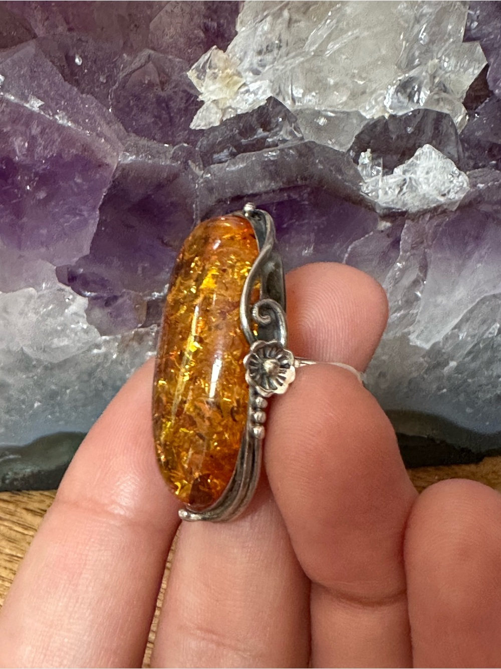 Large Vintage Sterling Silver Amber Ring, Boho
